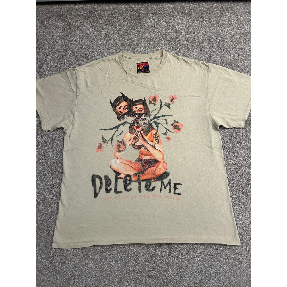 Teen Hearts Delete Me Graphic Tee Mens XL Tan Excellent Surrealist Alt Shirt